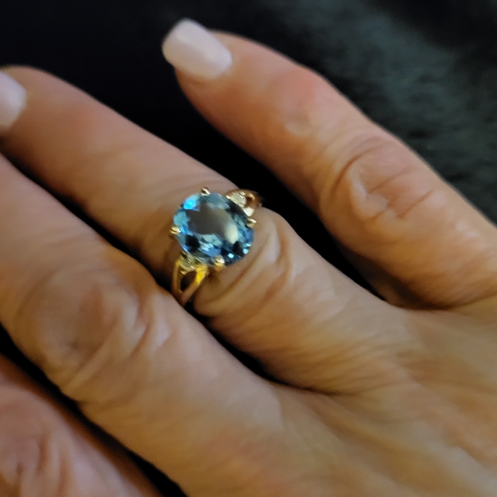 Town & Country Natural Blue Topaz And Diamond Ring, Size 5, Oval Shape, Yellow